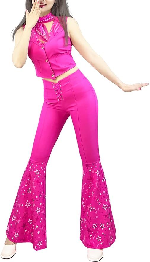 Naywig Cowgirl Outfit 70s 80s Hippie Disco Costume Pink Flare Pant Halloween Cosplay For Women Gi... | Amazon (US)