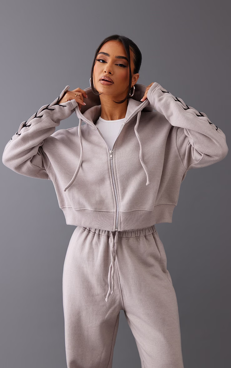 Petite Ash Grey Cropped Zip Up Hoodie | PrettyLittleThing US