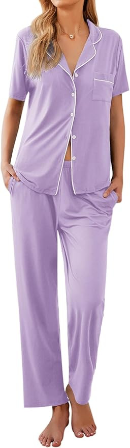 Ekouaer Women Pajamas Set Button Down Sleepwear Short Sleeve Nightwear with Long Pants Soft Pjs S... | Amazon (US)