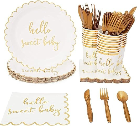 Hello Sweet Baby Shower Supplies, Dinnerware Set (144 Pieces, Serves 24) | Amazon (US)