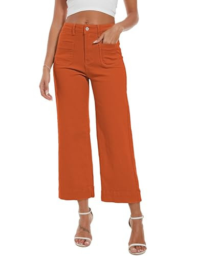 DAOAO Orange Pants Women Wide Leg Jeans Woman Cropped Teacher Pants High Waisted Stretchy Trendy L | Amazon (US)