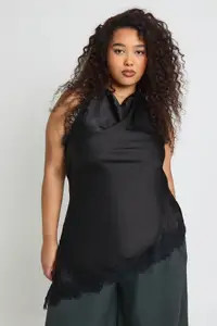 Black Plus Lace Cowl Asymmetric Top | Boohoo USA | boohoo (US & Canada)