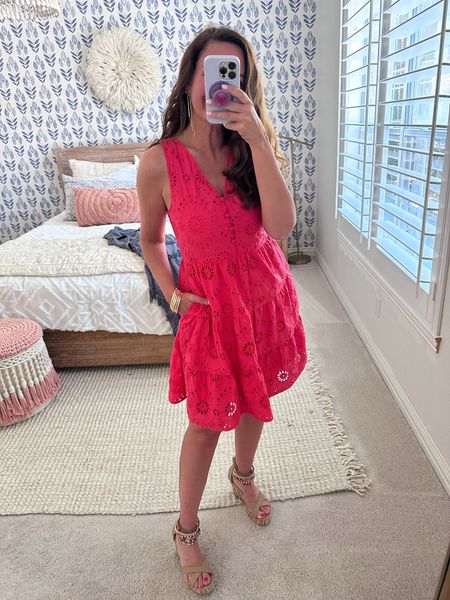 Such a pretty coral eyelet spring dress! Available in sizes XS-XXXL. I sm wearing a small. Fully lined. Also available in white! Under $25
.



#LTKfindsunder50 #LTKstyletip #LTKover40