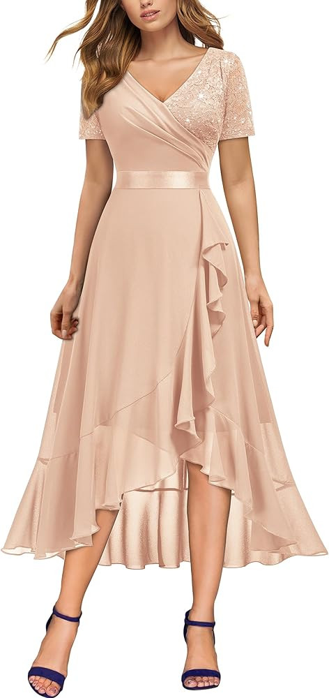 Miusol Women's Elegant V Neck Contrast Sequin Lace Chiffon Ruffle Split Evening Party Dress | Amazon (US)