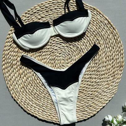 Women's Underwire Contrast Color Stitching Elegant Bikini For Beach Vocation Summer | SHEIN
