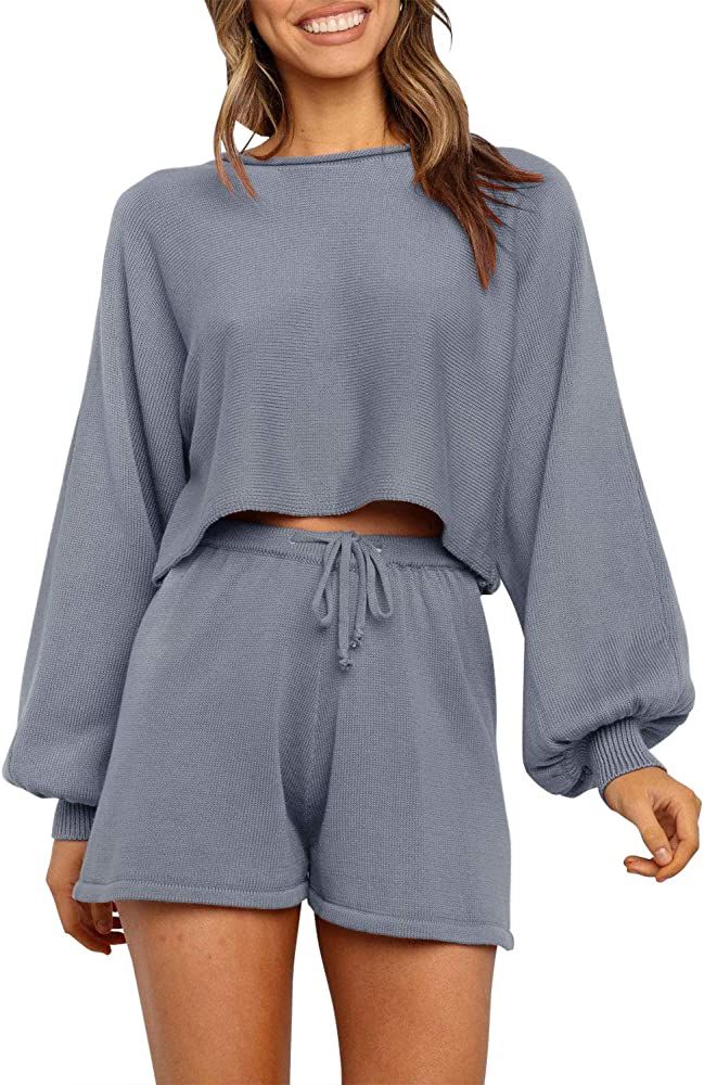 Women's Casual Long Sleeve Solid Color Knit Pullover Sweatsuit 2 Piece Short Sweater Outfits Sets | Amazon (US)