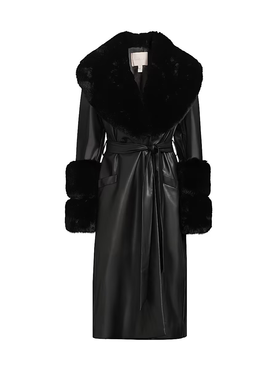 Women's Eve Faux-Fur Trimmed Faux Leather Wrap Coat - Black - Size XXS | Saks Fifth Avenue