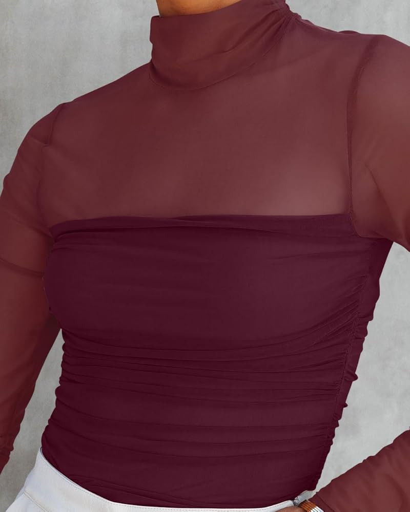 REORIA Women’s Trendy Sexy Mock Turtle Neck Long Sleeve Sheer Mesh Ruched Going Out Bodysuits T... | Amazon (US)