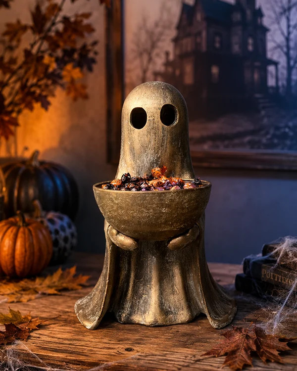 Antique Distressed Gold Finish Standing Ghost with Bowl | Decor Steals
