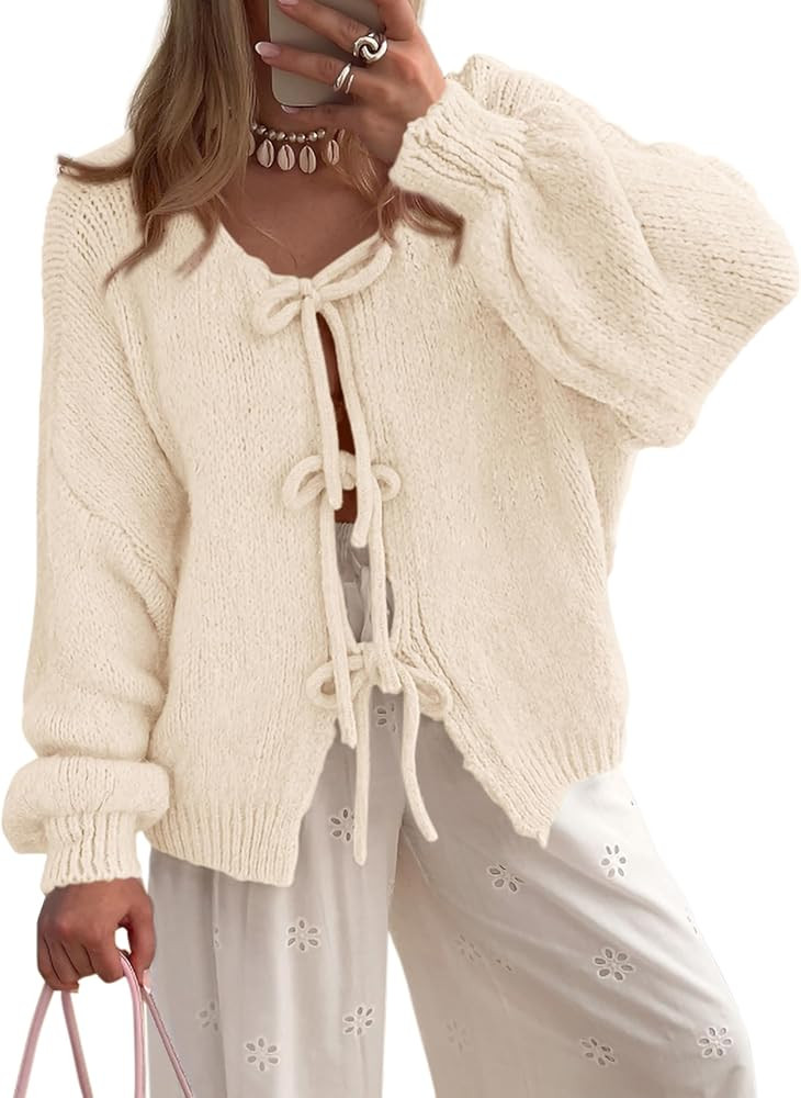MASCOMODA 2025 Bow Tie Front Cardigan Sweaters for Women Fall Winter Oversized Long Sleeve Open F... | Amazon (US)