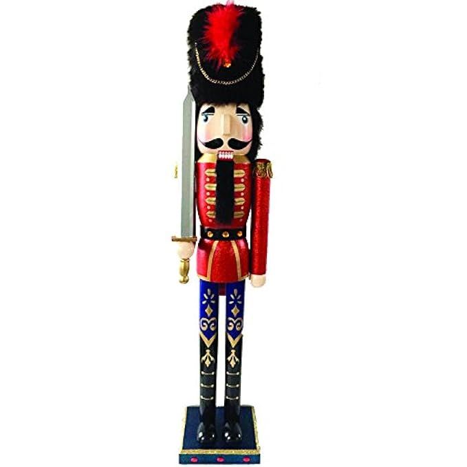 Christmas Nutcracker Figure Soldier Beautiful Hand Painted Gold Details Fur Hat and Feathers Wood 36 | Amazon (US)