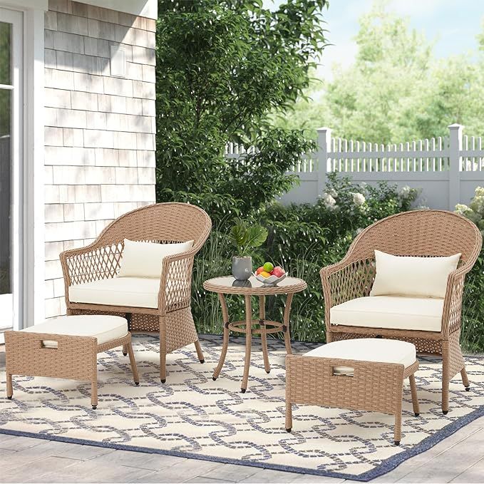 ECOTOUGE 5-Piece Patio Furniture Set, Outdoor Wicker Conversation Bistro Sets with Glass Tempered... | Amazon (US)