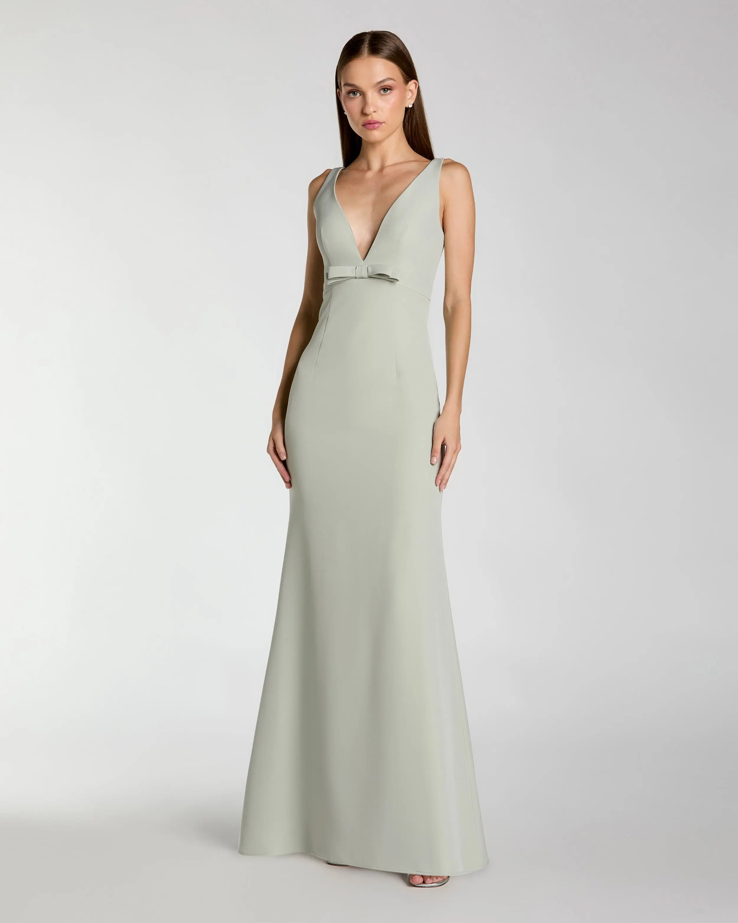 Light Green Crepe V-Neck Mermaid Gown with Bow | Mac Duggal | Mac Duggal
