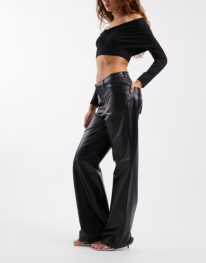 ONLY high rise wide leg faux leather pants with woven details in black | ASOS (Global)
