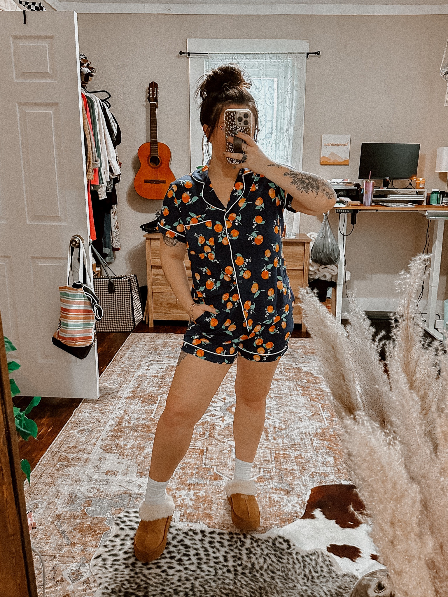Walmart tee and shorts pajamas. Navy blue with cute oranges! Wearing size medium in cute joyspun pajamas. Platform suede slippers. Walmart fashion Walmart 

#LTKfindsunder50 #LTKU #LTKSeasonal