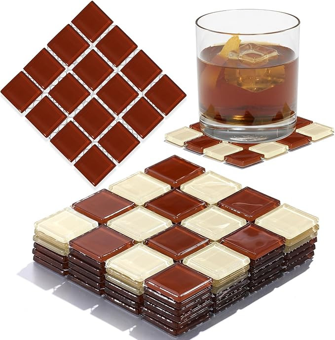 Queekay Brown and Beige Checkered Coaster Set of 6 for Drink 4" Square Glass Drinks Tiled Coaster... | Amazon (US)