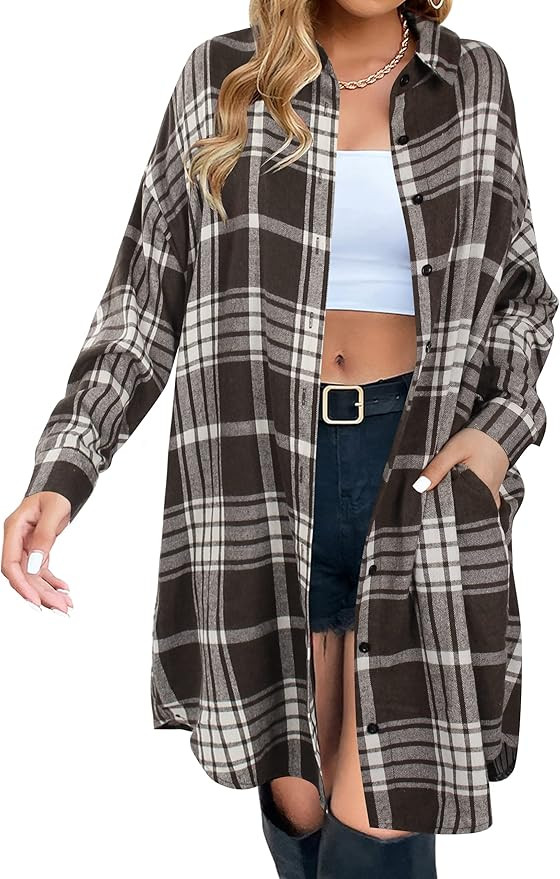 Blooming Jelly Women's Button Down Flannel Shirts Plaid Shacket Long Sleeve Collared Long Jacket ... | Amazon (US)