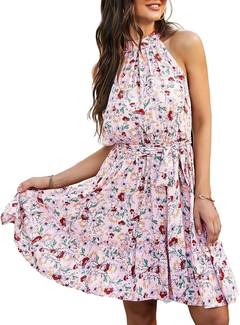 Naggoo Women's Summer Sleeveless Halter Backless Floral Print Ruffle Mini Short Dress | Amazon (US)