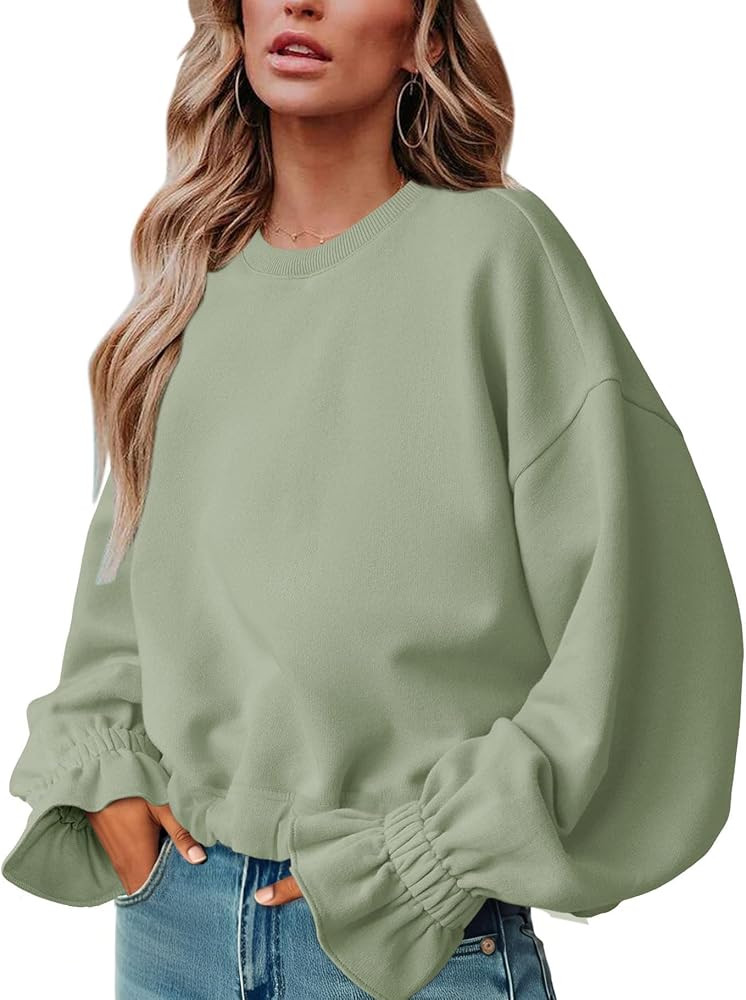 PRETTODAY Women's Casual Crew Neck Sweatshirt Long Sleeve Ruched Solid Loose Fitting Pullover Top... | Amazon (US)