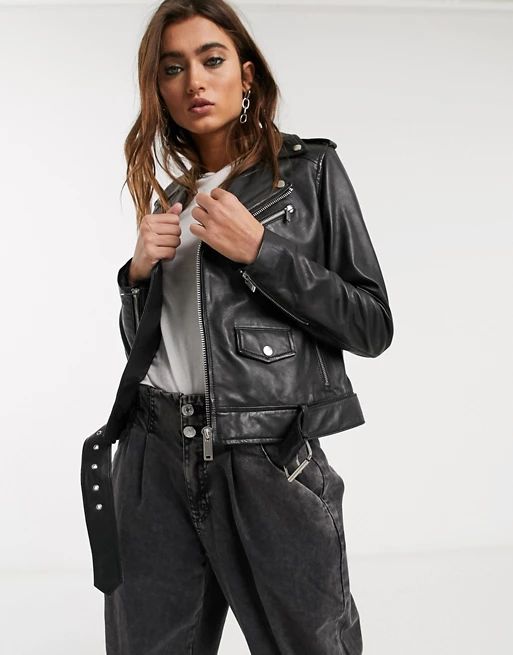 Barney's Originals boxy buckle belt leather jacket in black | ASOS (Global)