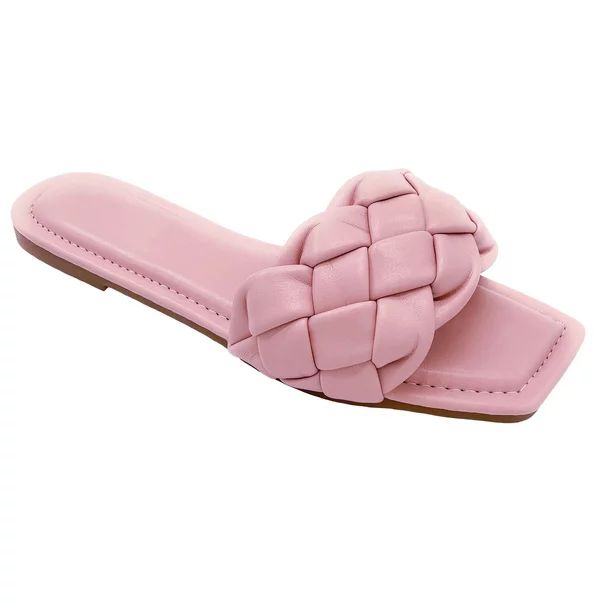 New Women's Braided Quilted Single Band Strap Flat Square Toe Open Slide Sandal | Walmart (US)