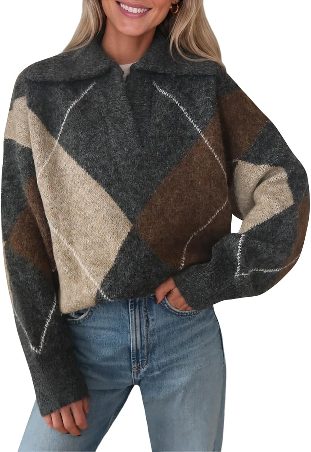 Saodimallsu Womens Collared V Neck Sweater Tops Argyle Knit Pullovers | Amazon (US)