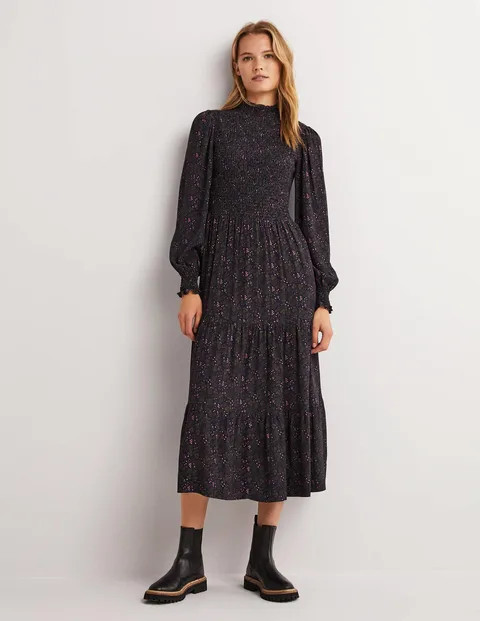 Smocked Tiered Midi Dress - Navy, Prairie Garden | Boden (US)