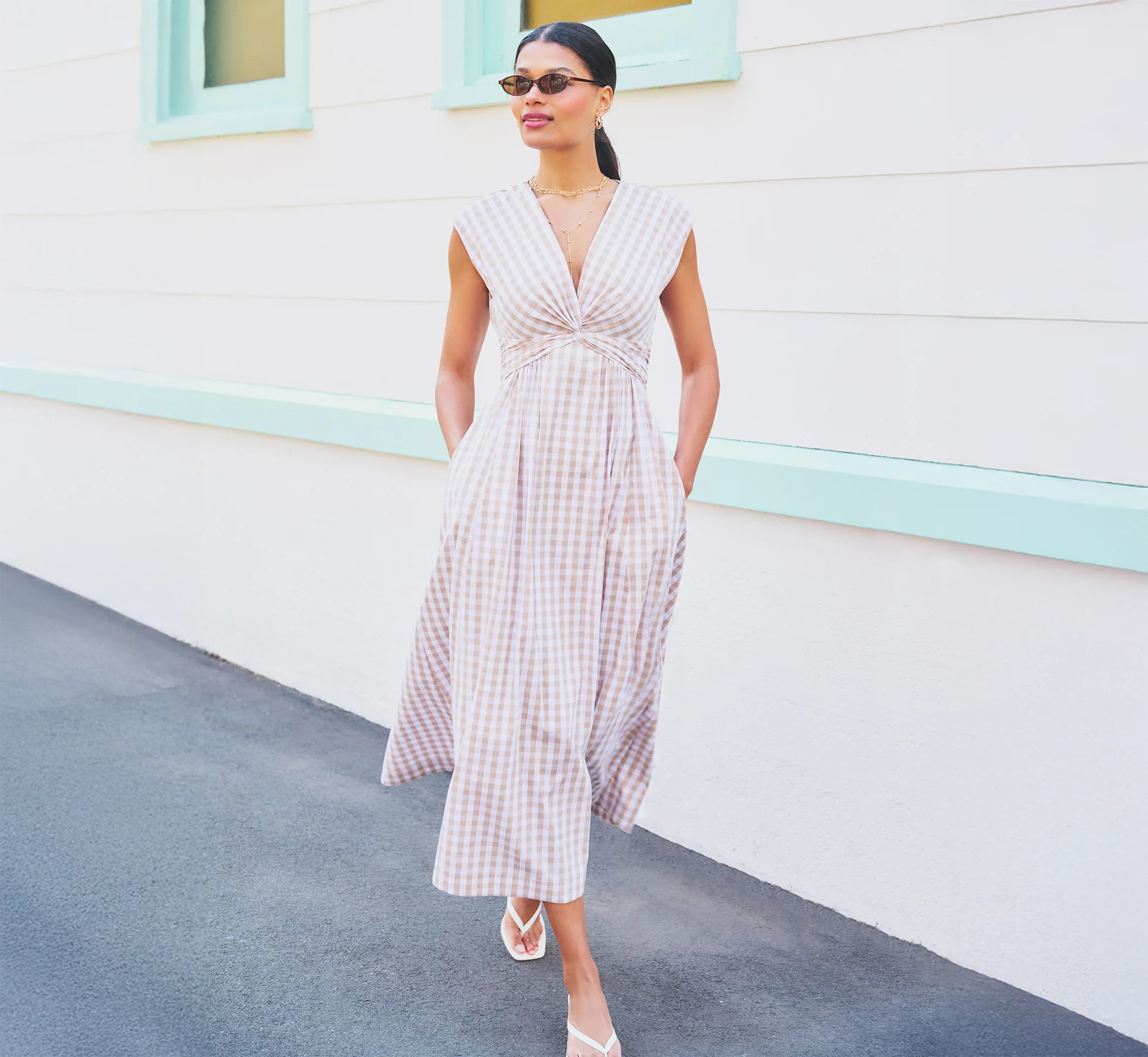 Beige Ivory Gingham Cotton Everyday Midi Dress - Adrianna Papell | Adrianna Papell