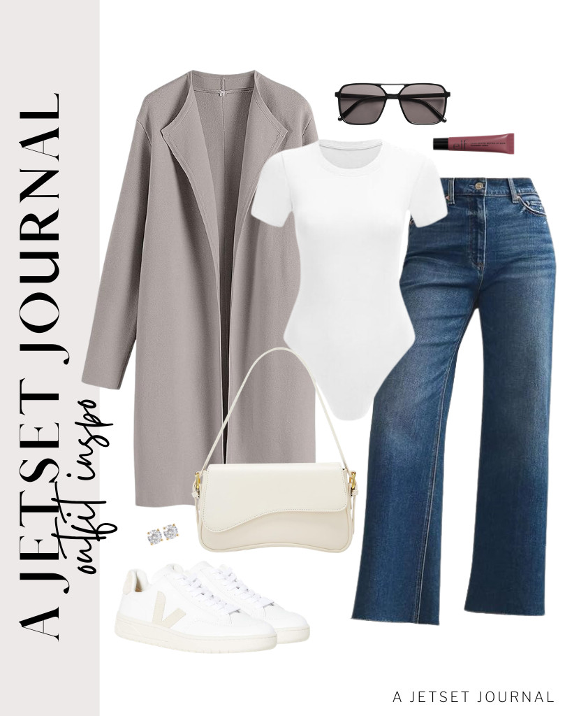 Wear this ANRABESS long cardigan as your third piece for a bodysuit-and-jeans combo. This shoulder bag and Veja sneakers match the fit. I love applying e.l.f. Glow Reviver Melting Lip Balm before going out. 

 #LTKSeasonal #LTKSaleAlert #LTKTravel