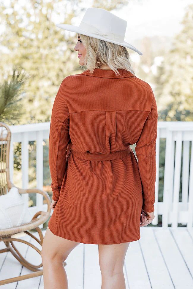 Ever Since You Rust Ribbed Knit Belted Shirt Dress | Pink Lily