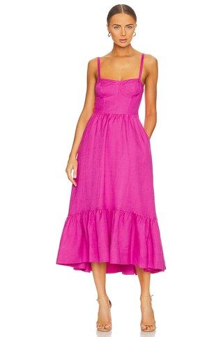 SIMKHAI Kitzia Linen Cover Ups Bustier Midi Dress in Dragon Fruit from Revolve.com | Revolve Clothing (Global)