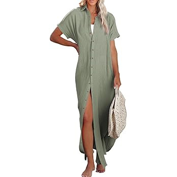 Herseas Womens Casual Short Sleeve Button Down Dress Side Split Long Kimonos Cardigans Swimsuit C... | Amazon (US)