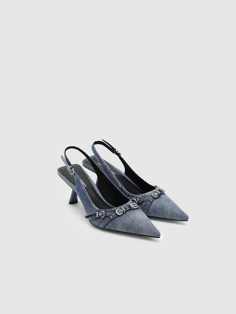 Belt Detail Point Toe Denim Heeled Slingbacks | Urban Revivo