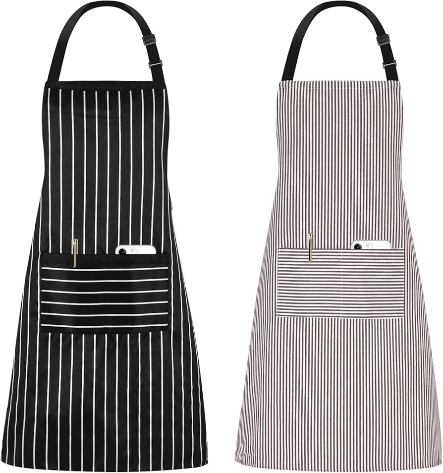 Jubatus 2 Pack Kitchen Aprons Striped Cooking Chef Adjustable Bib Apron with 2 Pockets for Men Wo... | Amazon (CA)