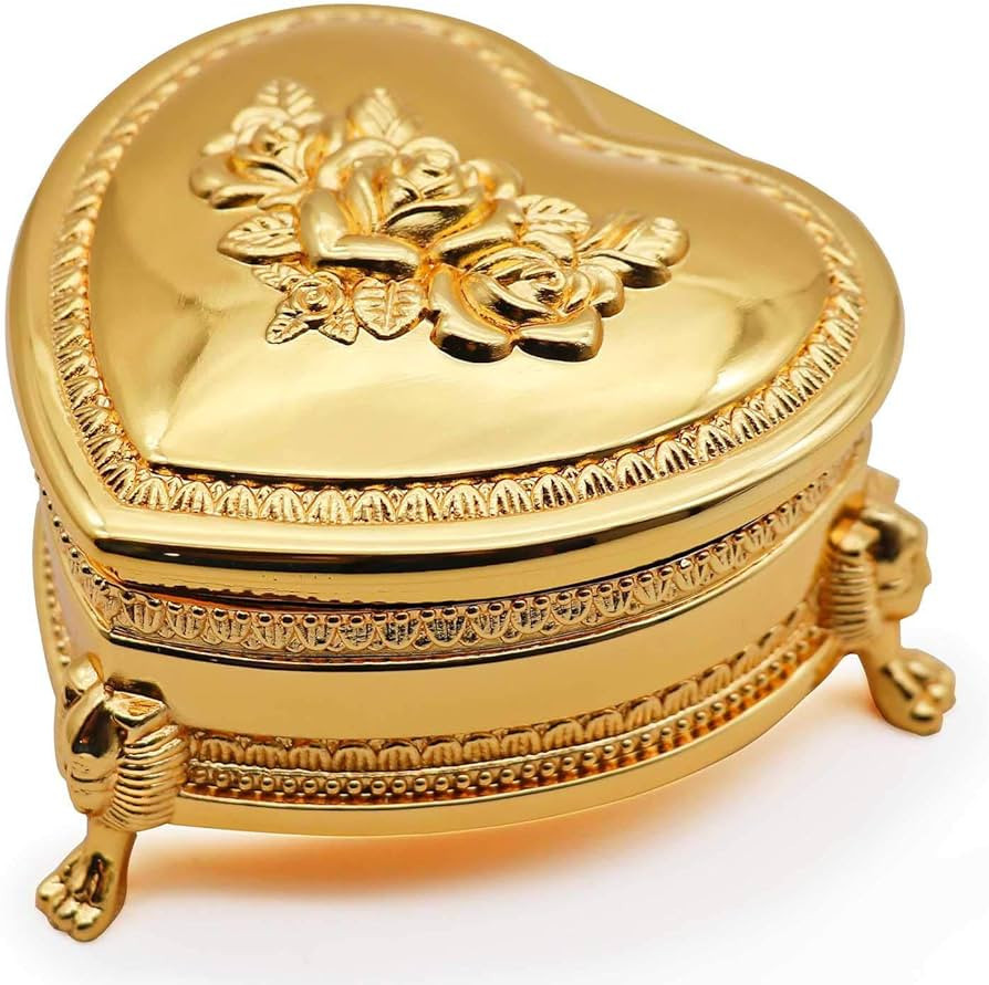 HOLLY TRIP Classic Vintage Heart Shape Metal Jewelry Box Ring Trinket Storage Organizer Chest Chr... | Amazon (US)