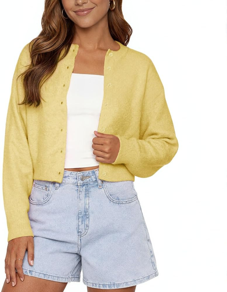 Cropped Cardigan for Women Y2K Long Sleeve Solid Knit Sweaters Open Front Button Down Crewneck Sw... | Amazon (CA)