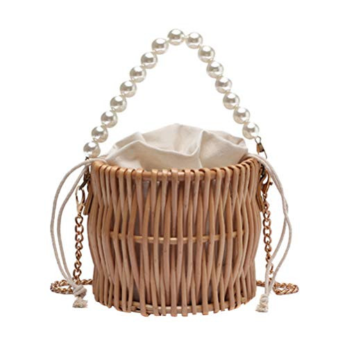 Natural Handwoven Wicker Handbag Straw Purse for Women Pearl Hand Woven Handbag Beach Bag Wicker Handbag Summer Woven Crossbody Shoulder Bag Pearl Shoulder Bag Straw Pearl Basket Purse | Amazon (US)