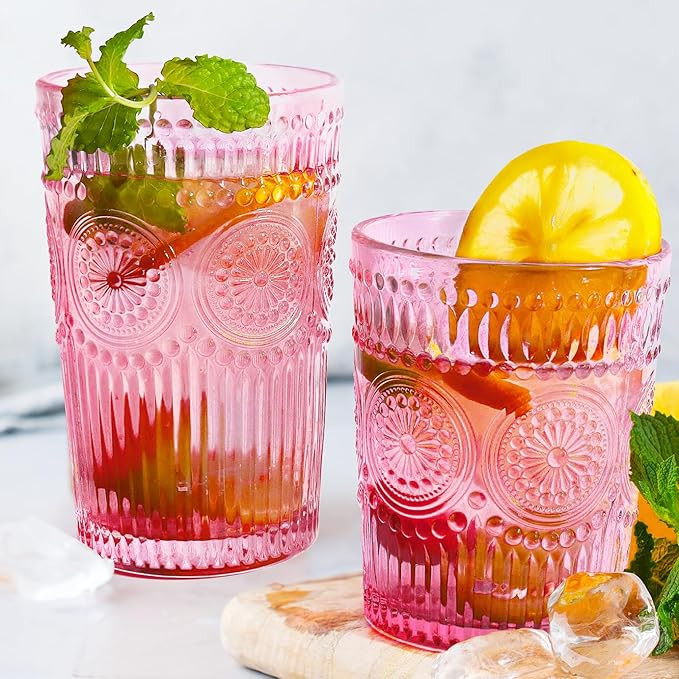 12pcs Vintage Drinking Glasses Set, 12 oz Highball Glasses & 9 oz Embossed Ribbed Glassware Cups ... | Amazon (US)