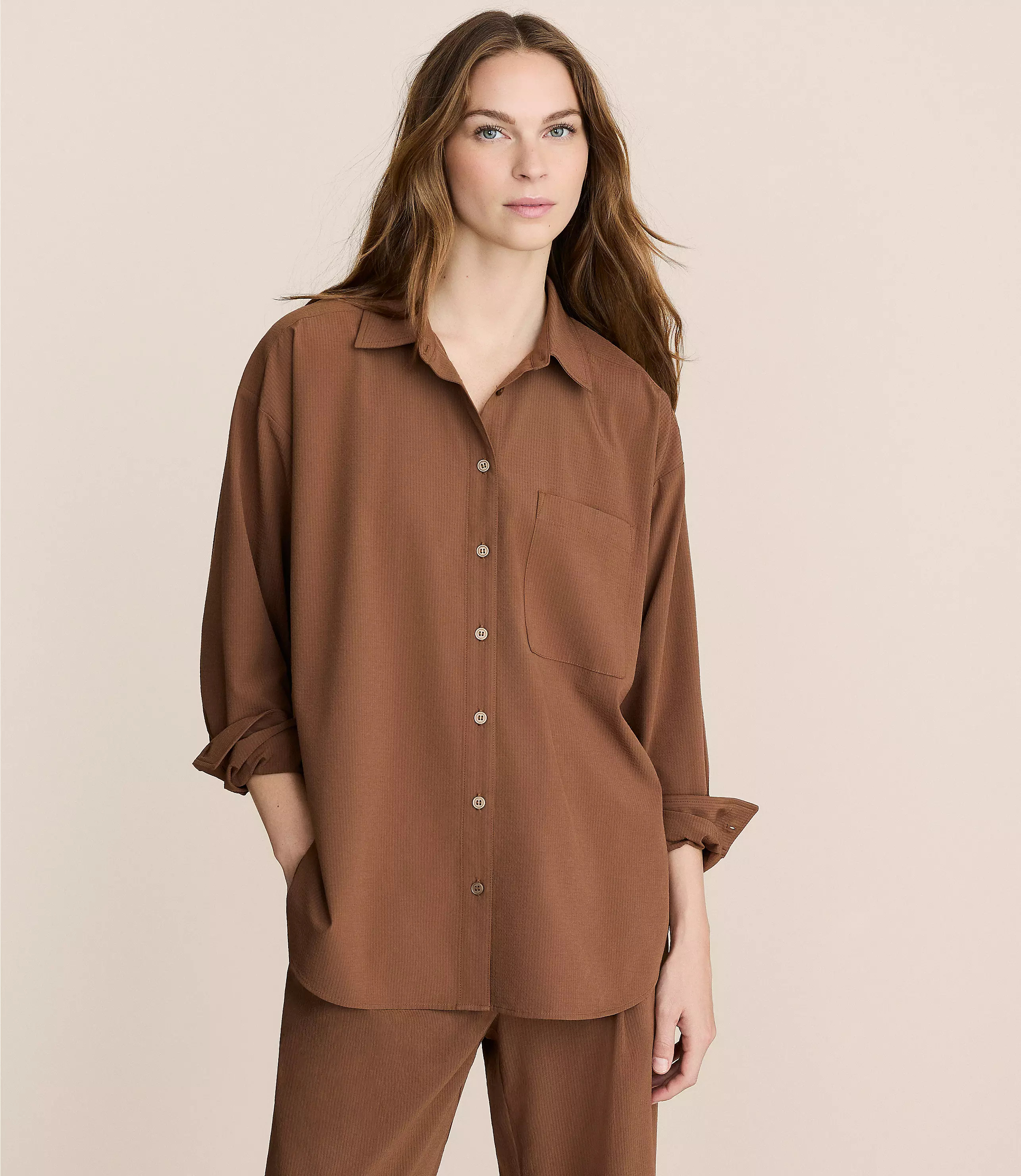 Petite Lou & Grey Seersucker Wanderweave Oversized Pocket Shirt | LOFT