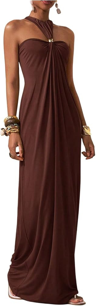 OYOANGLE Women's Twist Halter Maxi Dress Sleeveless Wedding Guest Dress | Amazon (US)