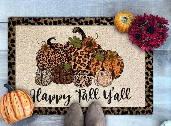 Happy Fall Y'all Doormat, Leopard Print Pumpkins Doormat, Fall Doormat, Fall Welcome Mat, Fall De... | Etsy (US)