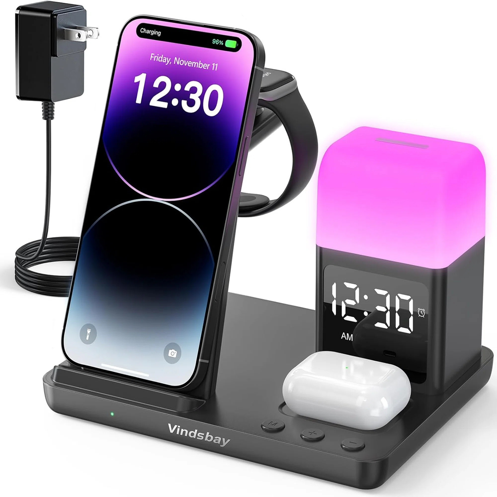 Latitude Run® Wireless Charging Station Alarm Clock With 8 Touch Night Lights: 5 In 1 Charger Stand For Apple Devices - Charging Dock For Iphone 17 16 15 14 13 12 Pro Max Plus/Apple Watch/Airpods, Dimmable | Wayfair | Wayfair North America