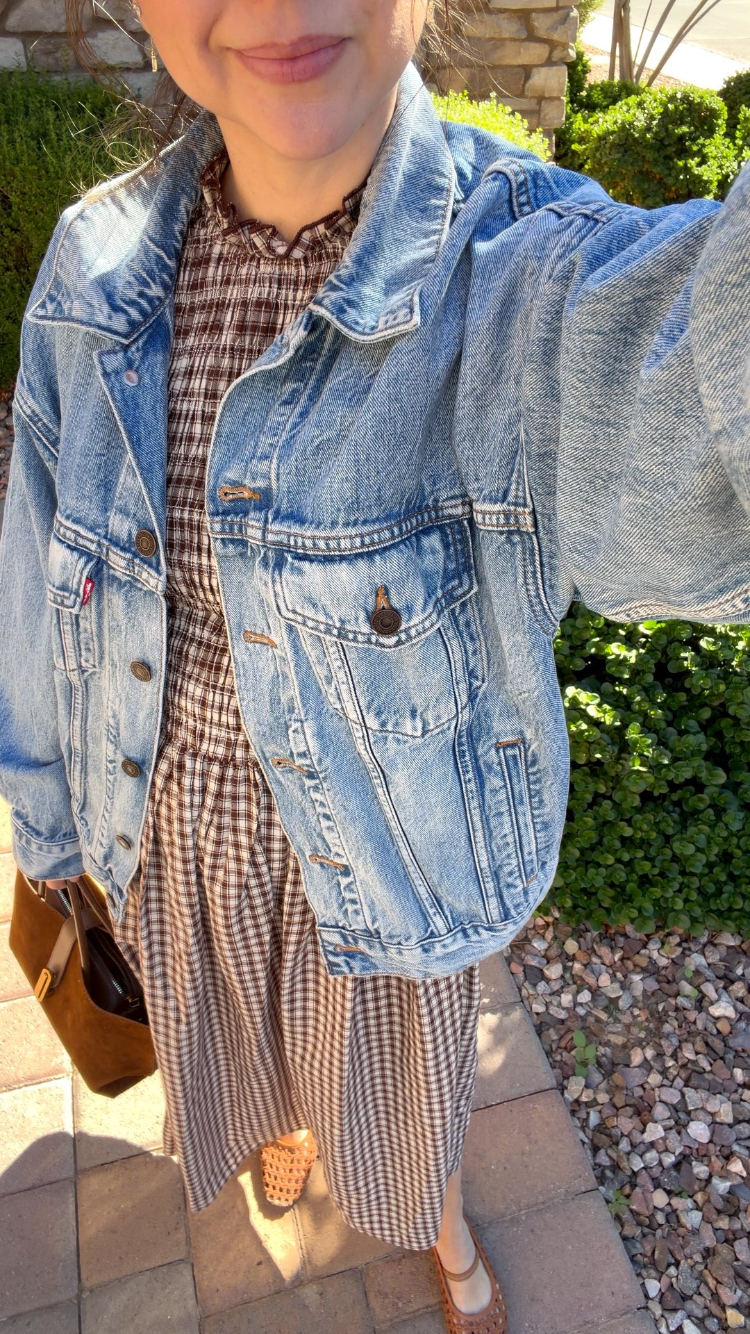 Brown gingham midi dress XS
Denim jacket XS 


#LTKSeasonal #LTKPetite