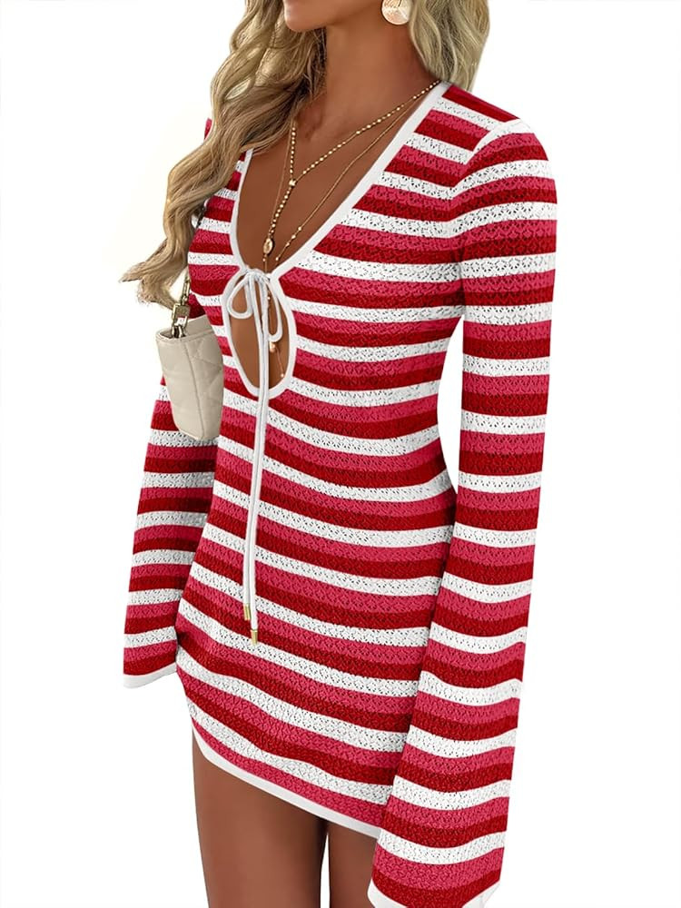 ANRABESS Women\u2019s Crochet Swimsuit Cover Up, V Neck Mesh Knit Beach Dress, Long Sleeve Summer... | Amazon (US)