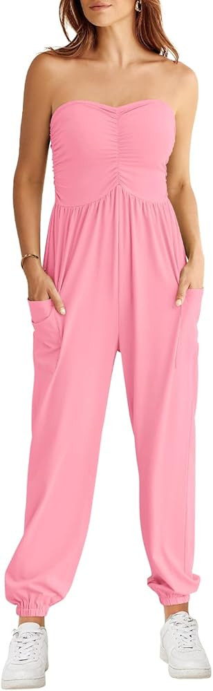MIHOLL Womens Jumpsuit 2024 Casual Summer Strapless One Piece Rompers Loose Overalls Jumpers with... | Amazon (US)
