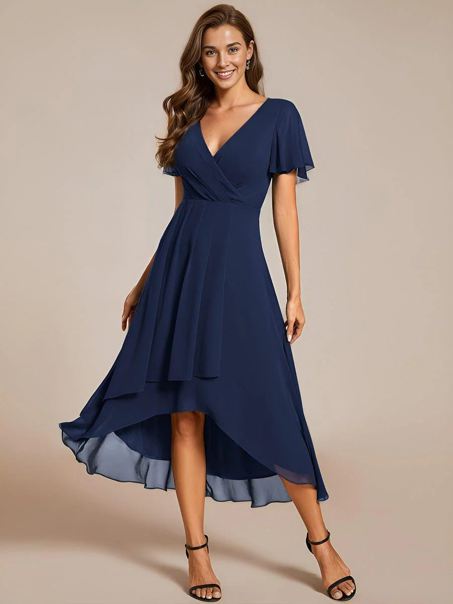 ever LARK|Ruffles Sleeve Pleated V-Neck A-Line Midi Chiffon Wedding Guest Dress | Ever Pretty Garment Inc