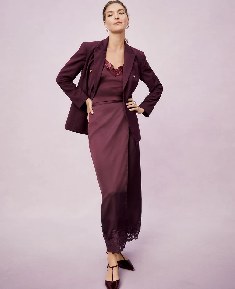 Petite Satin Lace Hem Wrap Skirt | Ann Taylor