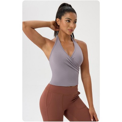 Coolmee Womens Halter Wrap Tank Tops Workout Impact Longline Strappy Top Padded Deep V Neck Gym Backless Bra Camisole 2XL Gray Purple | Target