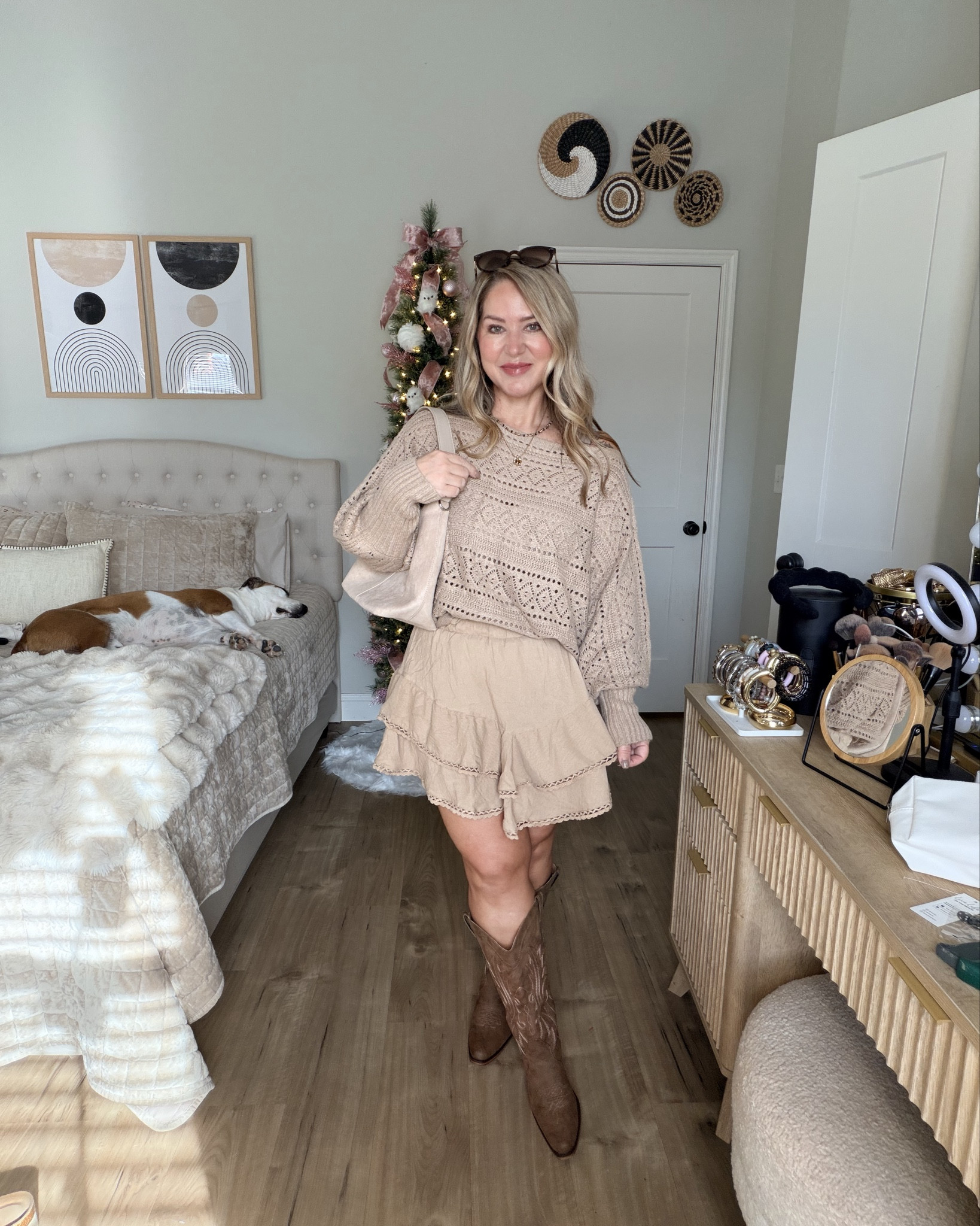 Sweater size medium 
Skirt and tank size large
Boots tts 

#LTKOver40 #LTKMidsize #LTKPetite