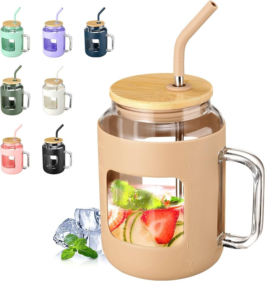 VOKOVO 50 oz Glass Tumbler with Bamboo Lid and Straw, Glass Water Bottles with Handle and Silicon... | Amazon (US)